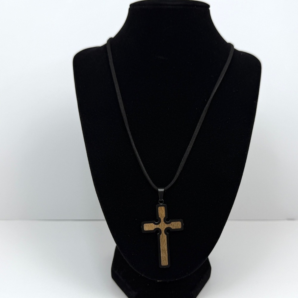 2 Tone Wood Metal Cross Pendant Necklace Black Frame Adjustable Cord Jewelry